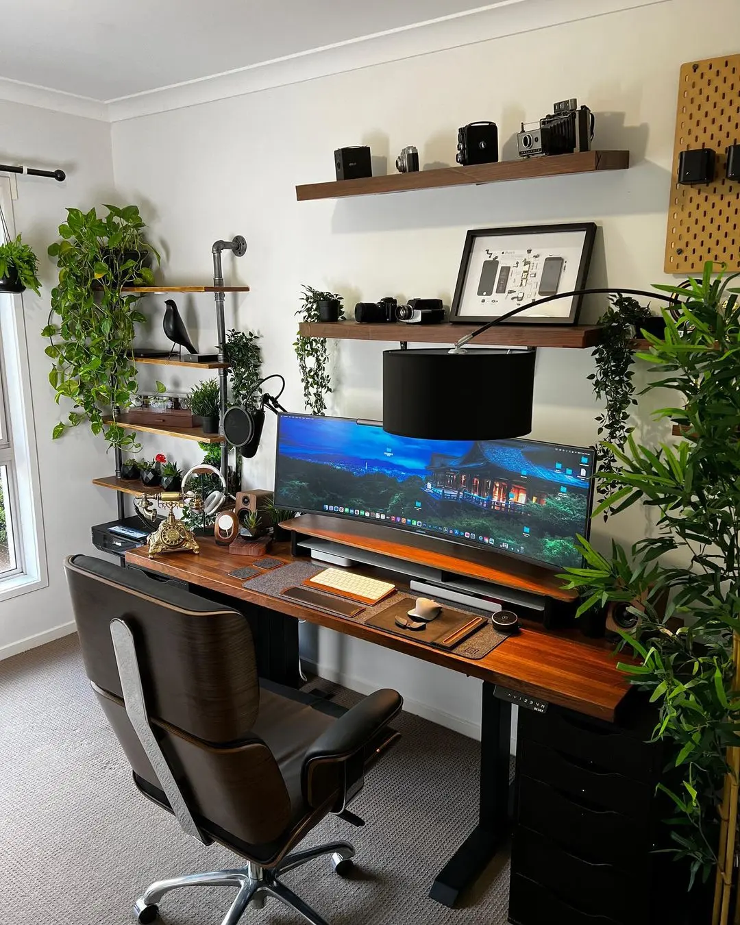 Modern home office with a large curved monitor, ergonomic chair, wooden desk, and shelves holding cameras, plants, and decor against a white wall—perfect for those seeking how to optimize your home office for maximum efficiency.