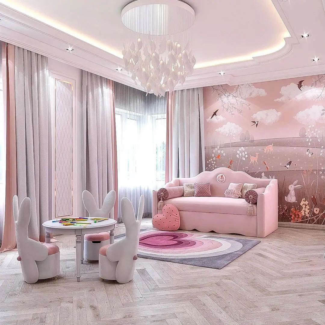 A children's room with pink furniture, bunny-shaped chairs, a round table, a sofa, a heart-shaped cushion, a circular rug, and a wall mural featuring animals and birds under a cloudy sky is truly one of those 17 Pink Bedrooms Fit for a Princess.