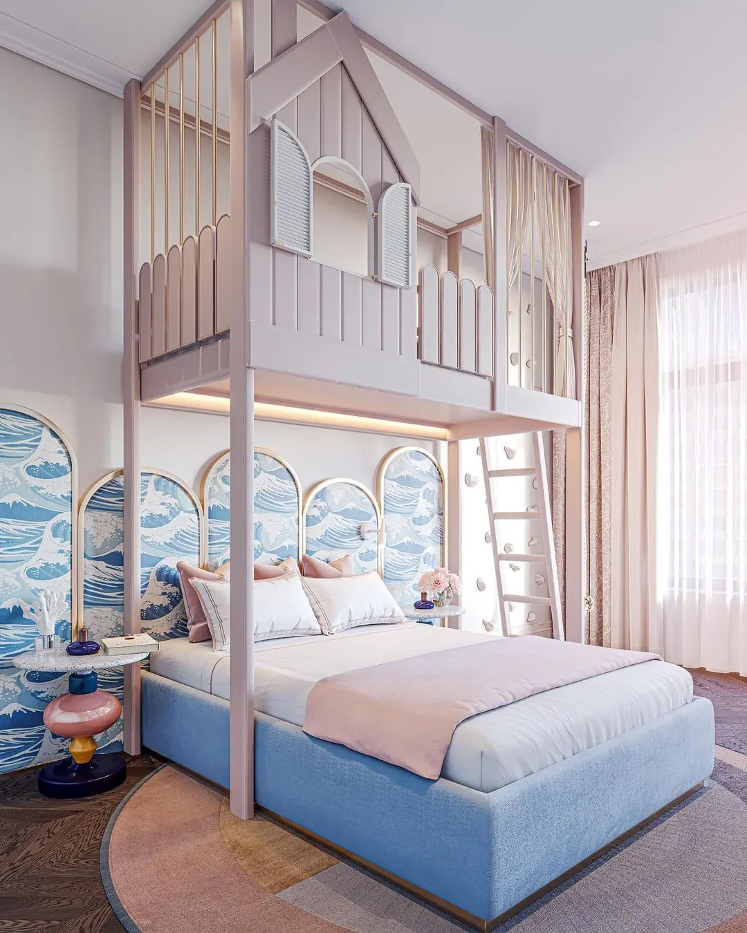 A children's bedroom fit for a princess featuring a loft-style bed above a full-sized bed. The loft has a house-like design with windows and a ladder. The room boasts pastel colors and a wave-patterned wall, perfect for those seeking inspiration from 17 Pink Bedrooms Fit for a Princess.