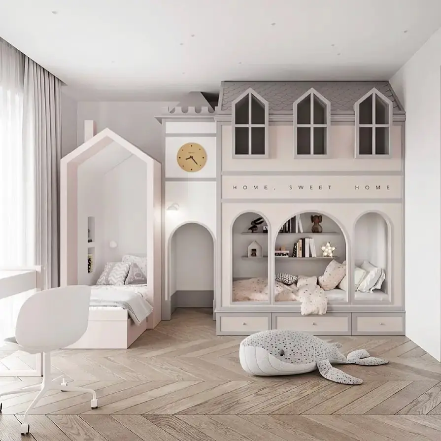 Children's bedroom with a house-shaped loft bed and reading nook, decorated in pastel colors. Wooden herringbone floor, whale-shaped cushion on the floor, and large windows with sheer curtains. This charming space is truly one of the 17 Pink Bedrooms Fit for a Princess.