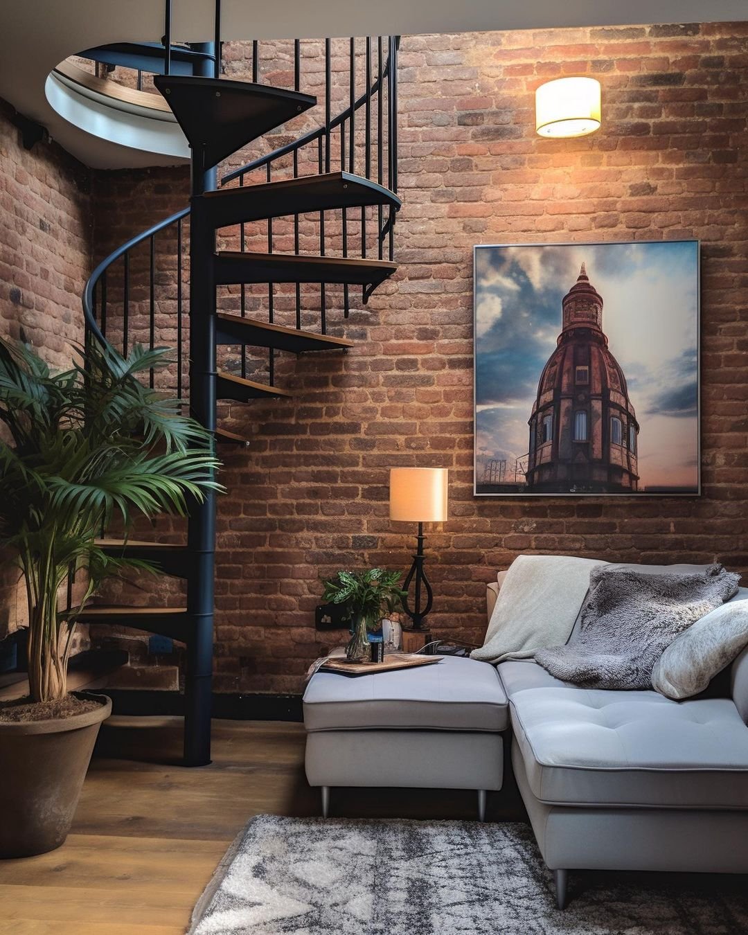 A modern living room with a brick wall exudes industrial chic, featuring a grey sectional sofa, a spiral staircase, a large plant, a small lamp, and a framed architectural photograph — the perfect guide on how to achieve the urban look in your living space.