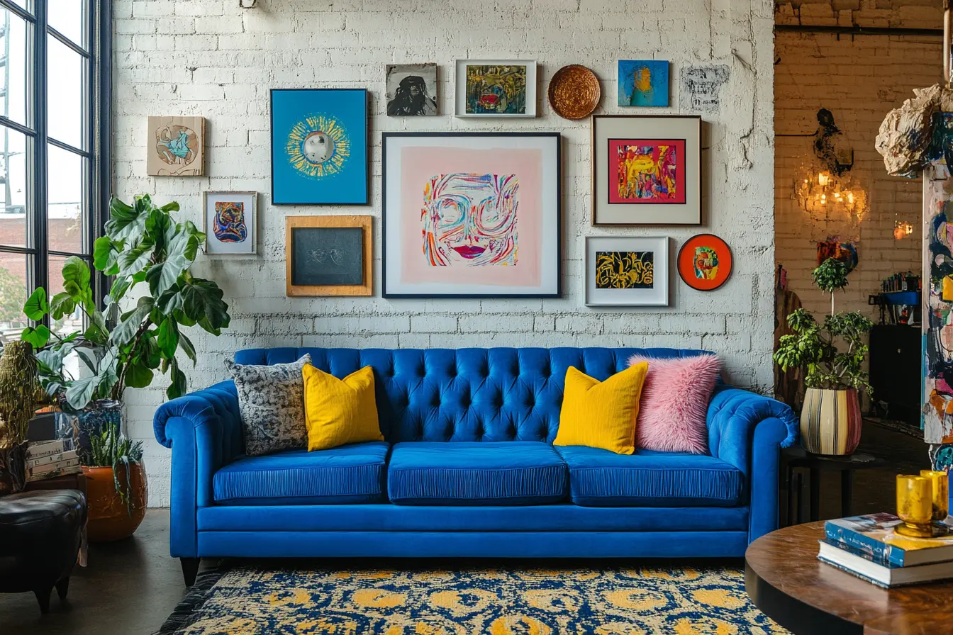 A bright blue velvet sofa with colorful pillows sits against a white brick wall, decorated with various framed artworks and a large plant—an inviting showcase of how Maximalist Decor balances eclectic and overwhelming elements.