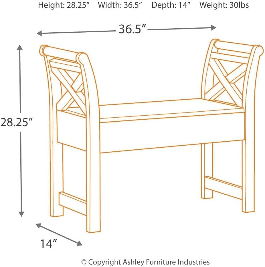 A line drawing of a stylish bench with a height of 28.25 inches, width of 36.5 inches, depth of 14 inches, and a weight of 30 pounds. Embrace rustic charm and add entryway elegance to your space with this versatile piece.