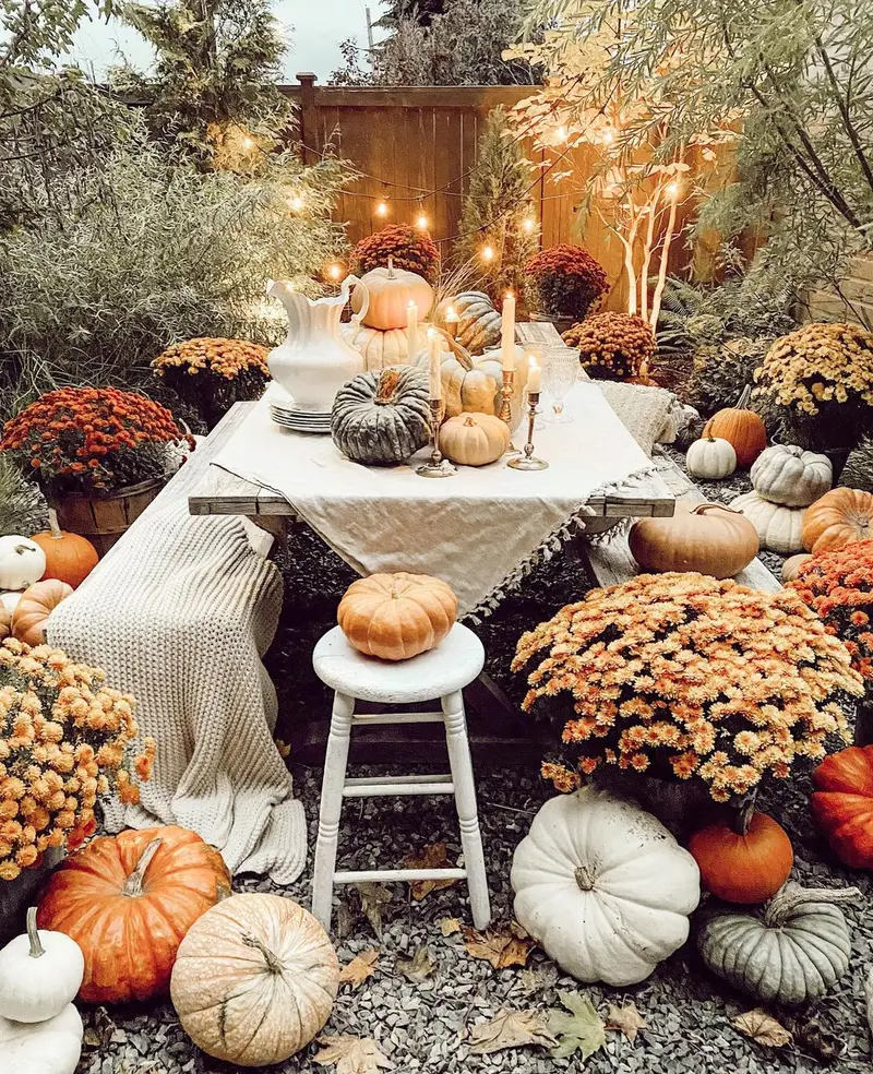 Want a cozy Thanksgiving? An outdoor table setting decorated with pumpkins, gourds, flowers, and string lights awaits you. A white cloth covers the table holding a white jug and candles. Nearby, a chair with a blanket invites you to sit and enjoy the ambiance.