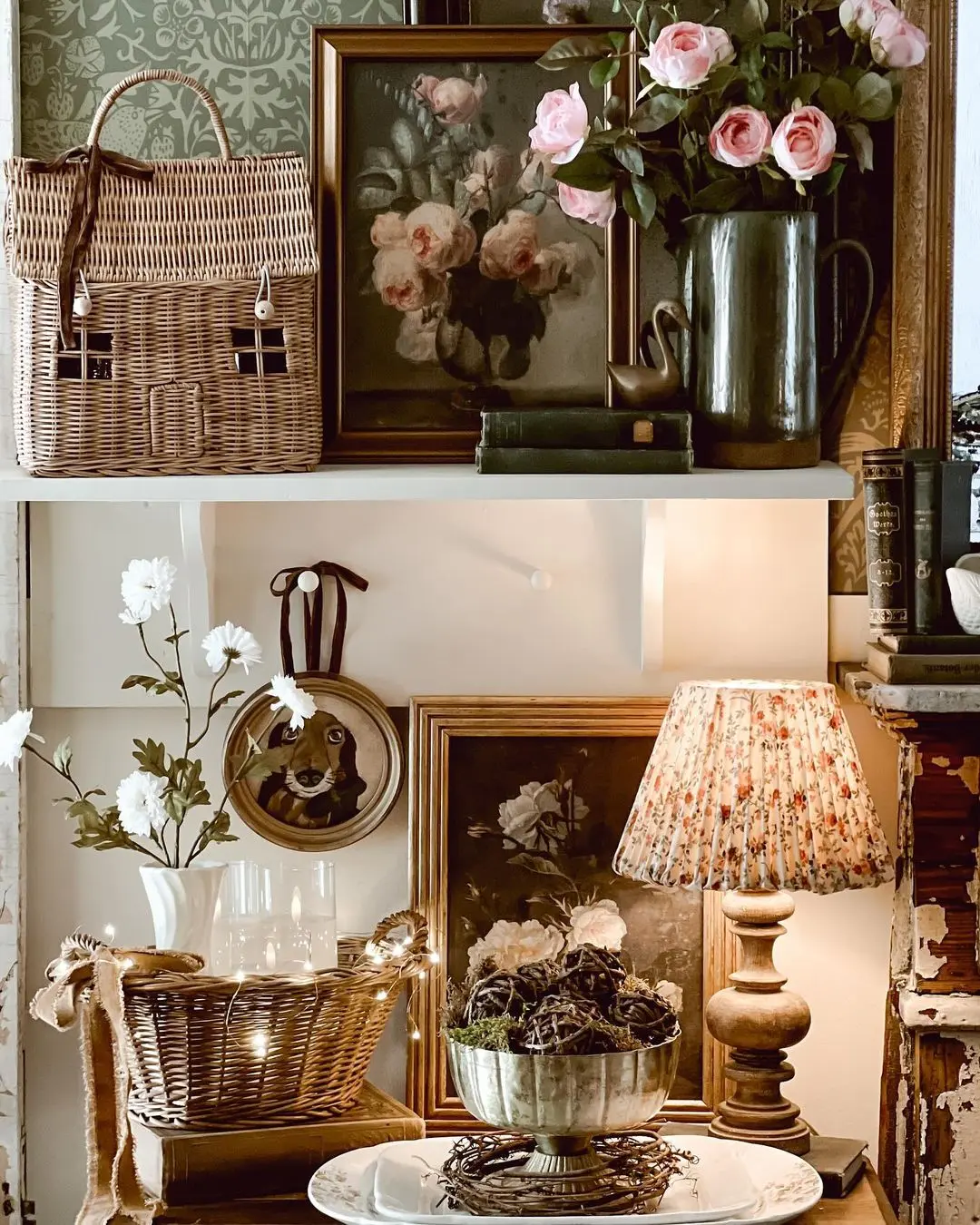 Embrace seasonal changes with a decorative shelf showcasing floral paintings and a wicker bag. Accent it with flowers in a jug, books, and a basket. Add warmth with a table lamp featuring a patterned shade, while avoiding common decorating mistakes by using twigs artfully arranged in bowls on plates.