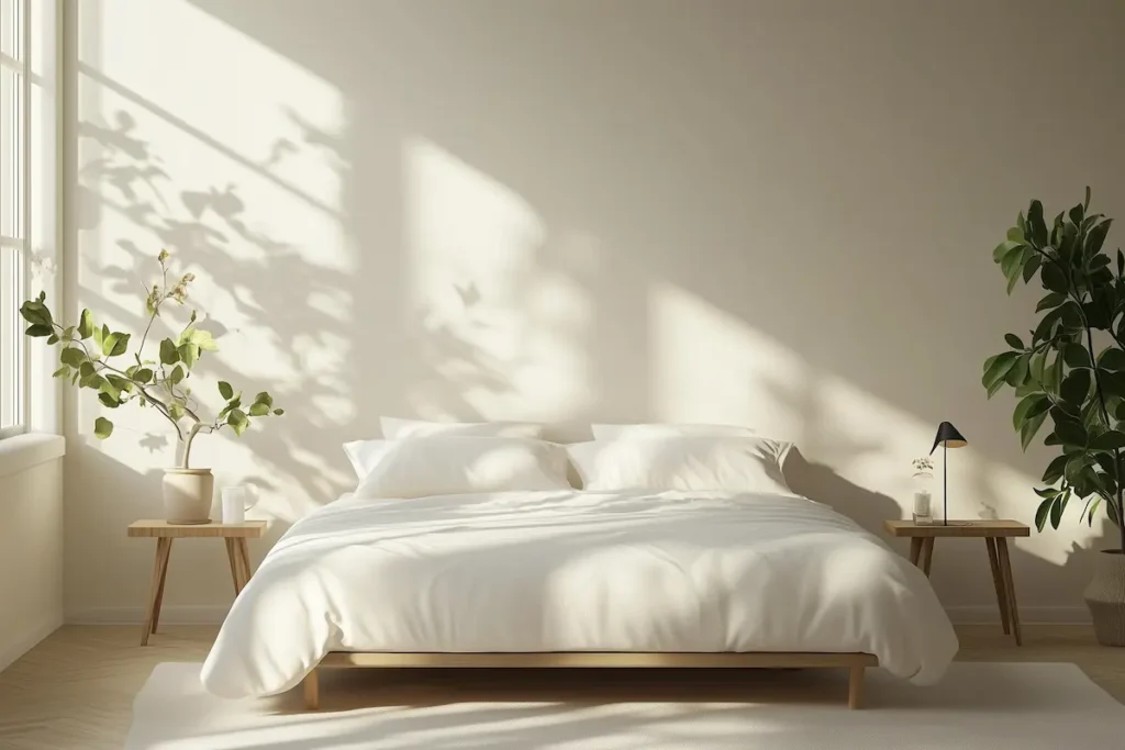 Minimalist bedroom with a low wooden bed, white bedding, and two side tables—a perfect example of how to transform small spaces with minimalist side tables. Potted plants and sunlight streaming through a window complete the airy atmosphere.