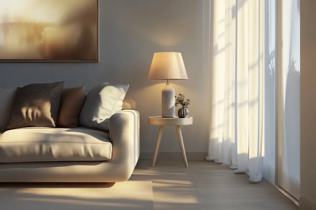 A beige sofa with striped and solid pillows sits beside a round minimalist side table—perfect for those seeking ideas on how to transform small spaces with minimalist side tables—plus a lamp and plant near sunlit windows with sheer curtains.