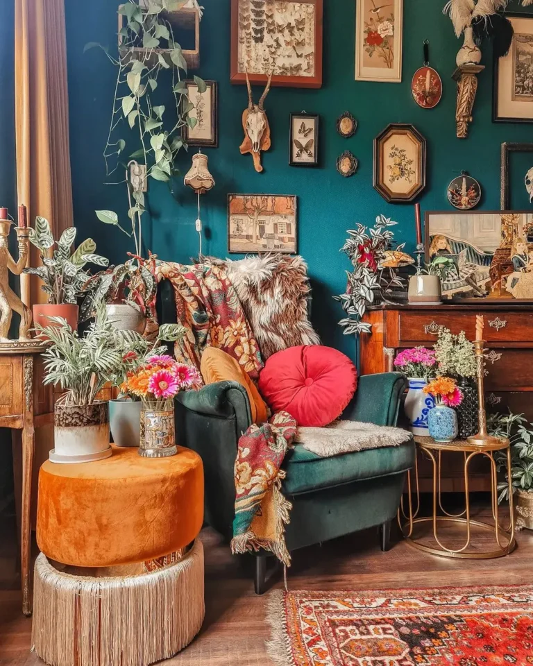 Eclectic living room featuring Maximalist Decor: Your Ultimate Guide to Bold Living Spaces—velvet armchair, colorful pillows, lush plants, a round orange ottoman, wall art, and decorative items set against a dark teal wall.