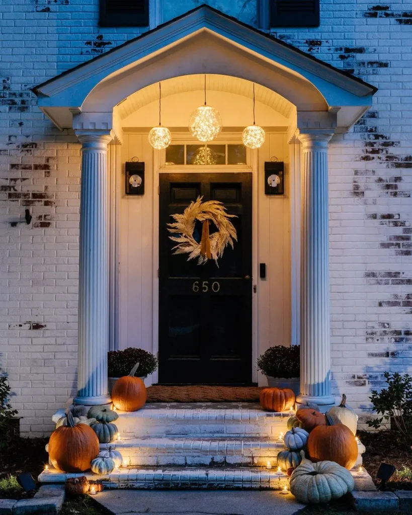 A front porch decorated with pumpkins, string lights, and a wreath on the door creates a festive autumn or Halloween atmosphere at dusk—discover how to enhance your fall front porch with lighting for an even more inviting look.
