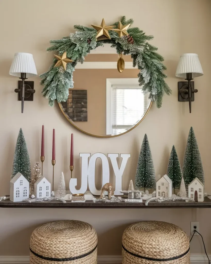 A holiday-themed mantel display with faux pine trees, white house figurines, "JOY" letters, red candles, and a mirror decorated with garland and gold stars—perfect inspiration for How to Style Your Entryway with Festive Christmas Decor.