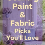 Elegant French country living room with floral upholstery, pastel-colored paint, and fresh flowers in vintage vases. Text overlay reads “French Country Paint & Fabric Picks You’ll Love.”