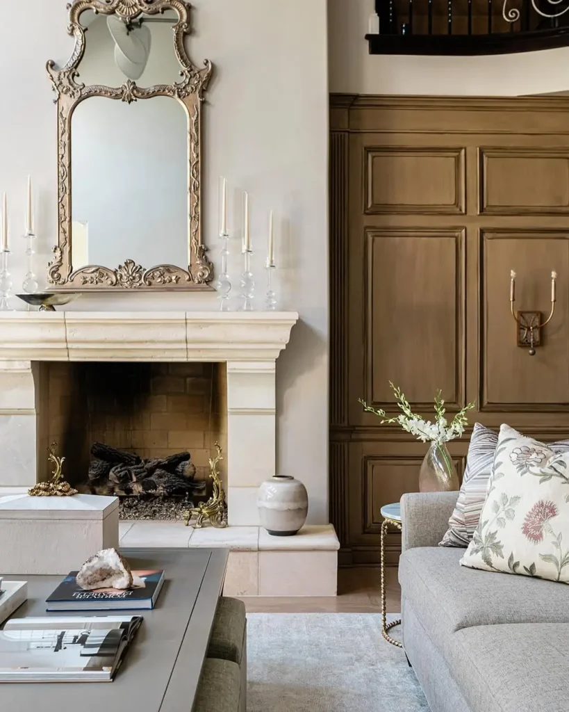 A living room with a beige fireplace, ornate mirror, glass candle holders, wood-paneled wall, light gray sofa, and a coffee table with decor items evokes a french country color palette.