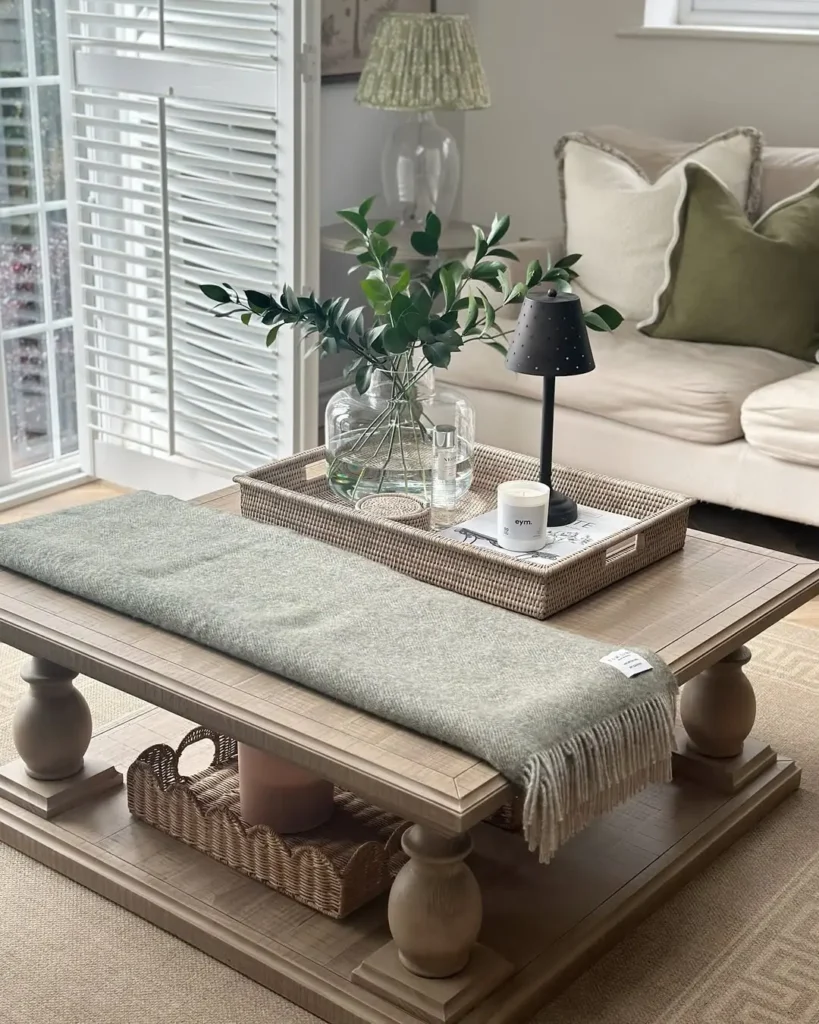 A rustic coffee table decor features a wooden table with a green throw, woven trays, a glass vase with greenery, a candle, and a lamp, set in a neutral-toned living room with a sofa and large window shutters.