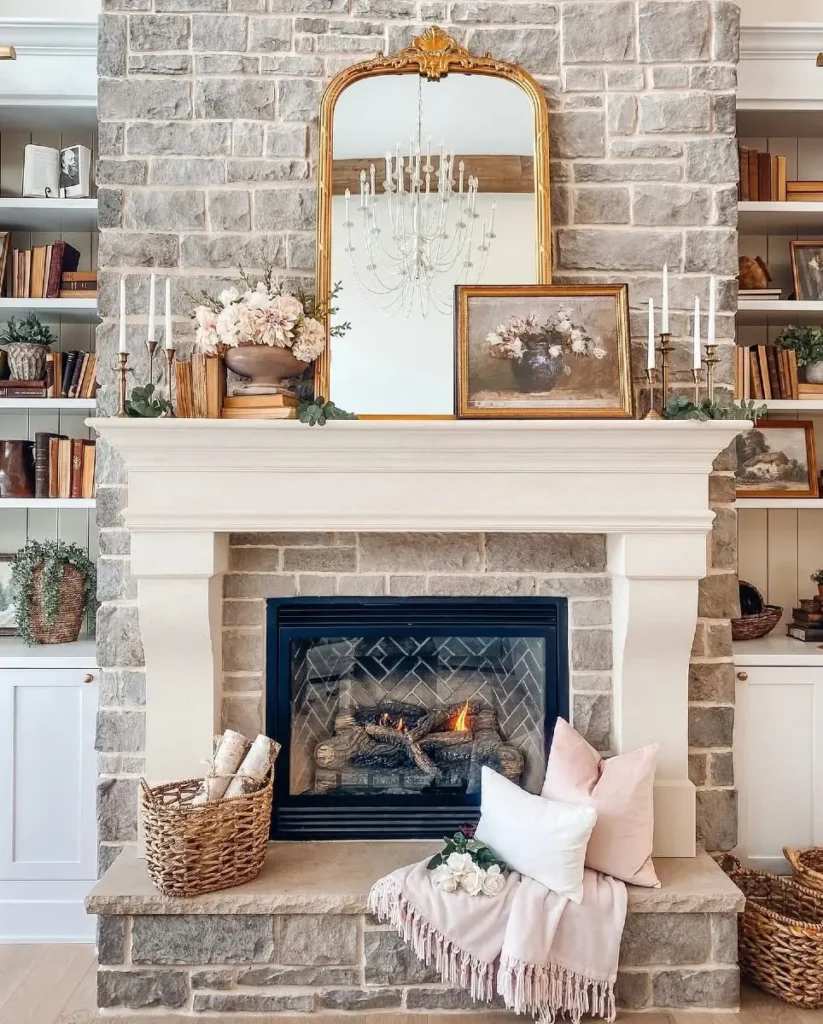 A stone fireplace with a lit fire, styled with farmhouse fall hearth decor—candles, books, flowers, a mirror, and framed art; pillows and a basket of firewood add cozy charm to the hearth.