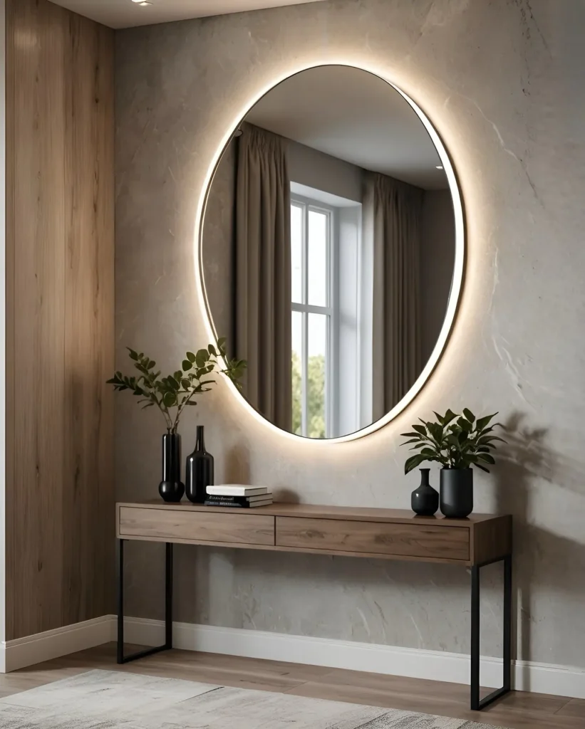 A modern entryway features a large round backlit mirror above a wooden console table, decorated with potted plants and black vases, all next to a window draped with beige curtains.