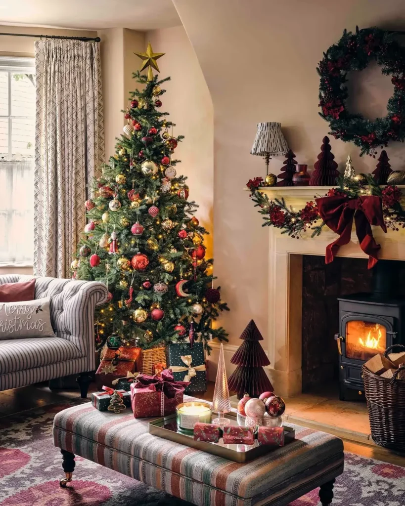 A living room decorated for Christmas with a lit tree, wrapped gifts, a wreath above the fireplace, festive ornaments, and a wood-burning stove.