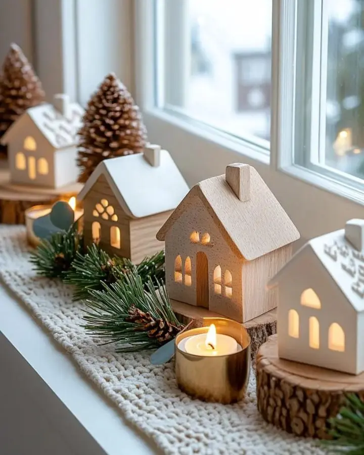 Wooden house ornaments, pinecones, greenery, and lit candles are arranged on a windowsill, creating a cozy christmas decoration.
