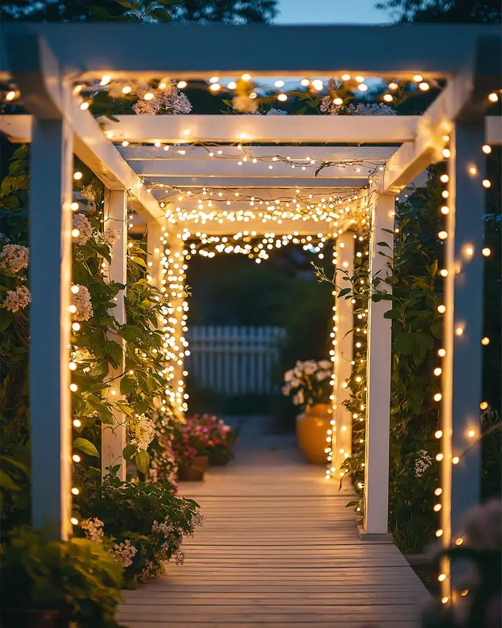 A wooden garden pergola with an overhead canopy of string lights, surrounded by lush greenery and blooming flowers at dusk.