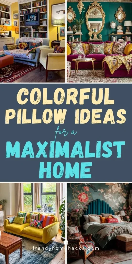 Collage pin showing colorful pillow ideas for a maximalist home, featuring bold patterned cushions, rich colors, layered textiles, and eclectic decor in living rooms and bedrooms.