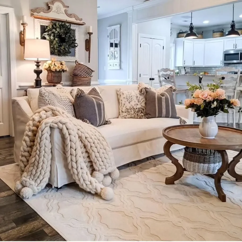 A cozy living room with a cream sofa, chunky knit throw, farmhouse pillows, round wooden coffee table with flowers, and a neutral color scheme. Kitchen visible in the background.