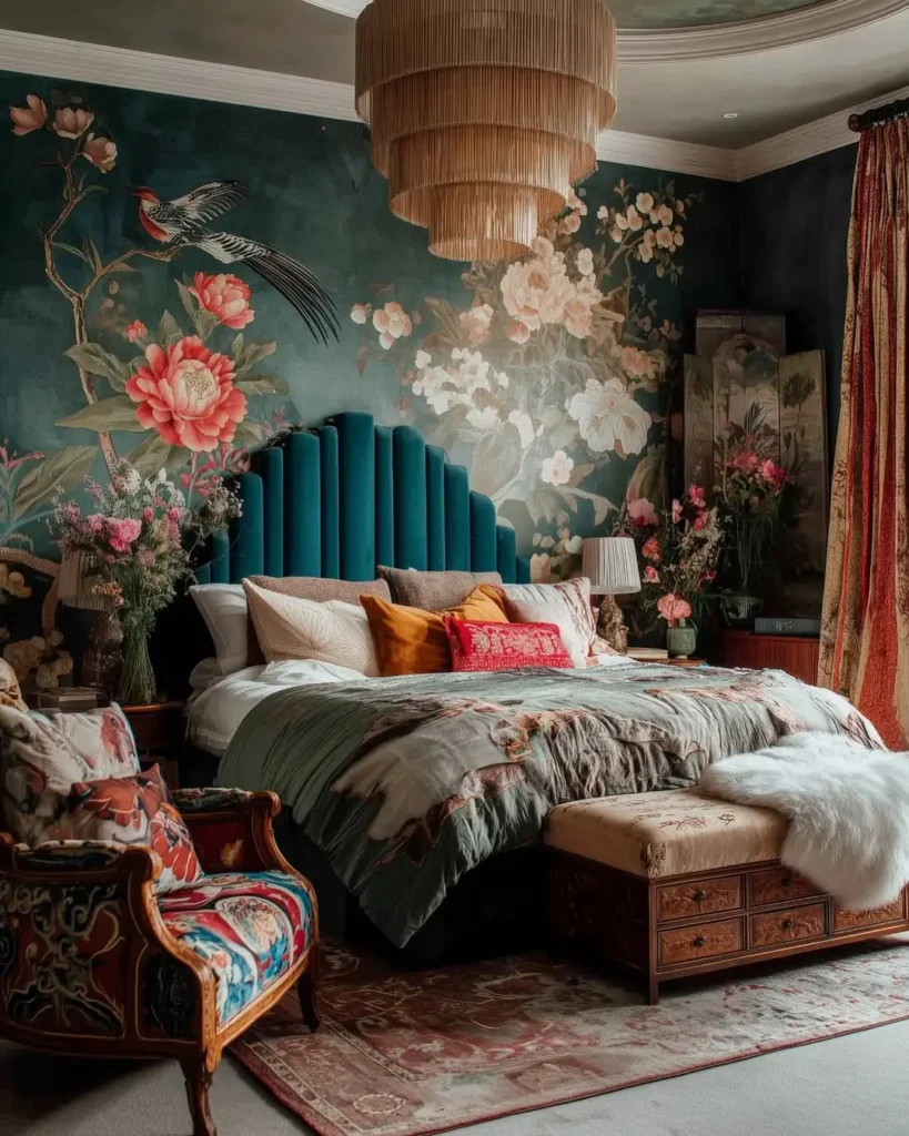 A bedroom with a teal tufted headboard, floral mural wall, ornate armchair, layered bedding, maximalist pillows, and a large chandelier. Flowers and vintage decor accents complete the room.
