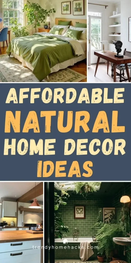 Organic modern home interiors featuring natural decor elements like indoor plants, warm wood furniture, neutral textiles, and nature-inspired accents in living spaces.