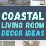 Bright coastal living room decorated with woven rattan chairs, light wood furniture, soft blue and white accents, natural textures, and beach-inspired decor creating an airy, relaxed seaside feel.