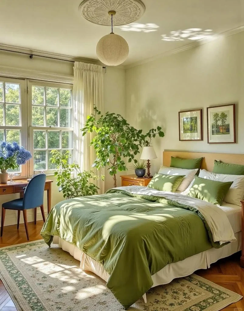 A bright bedroom with green bedding, natural wooden bed, large houseplants, a desk, chair, and framed art on the wall; sunlight streams through expansive windows.