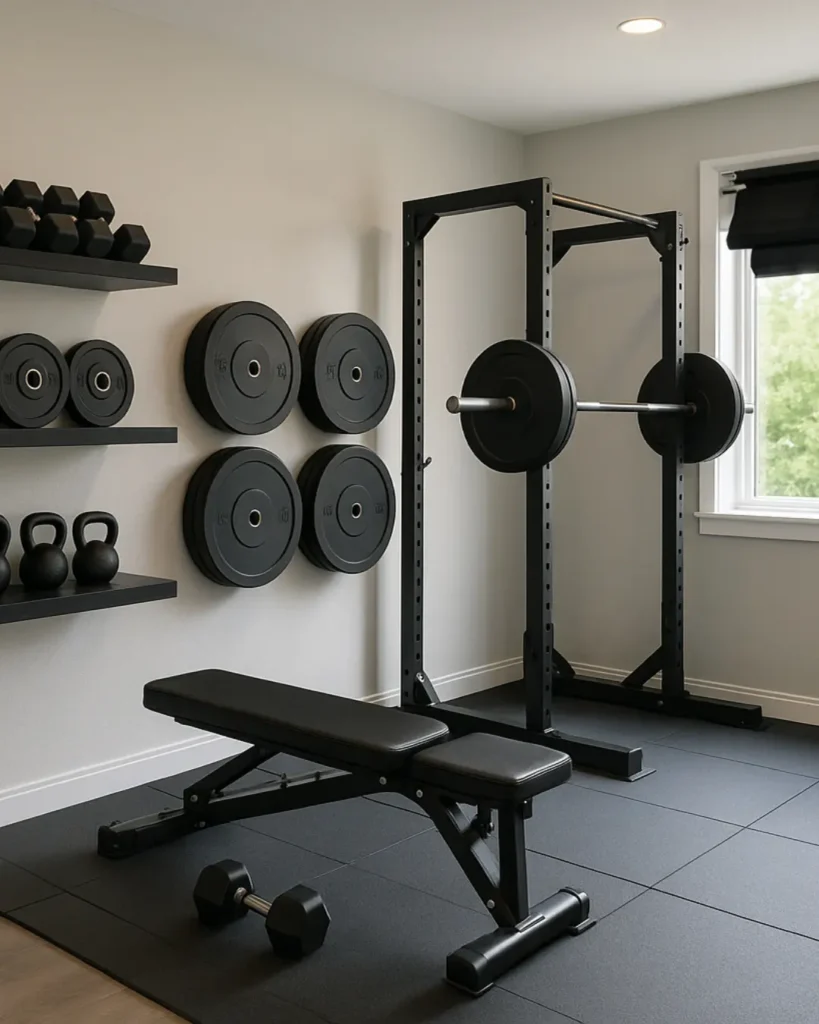 Modern home gym with a black power rack, adjustable weight bench, wall-mounted weight plates, dumbbells, and rubber gym flooring in a clean, minimalist workout room with natural light.