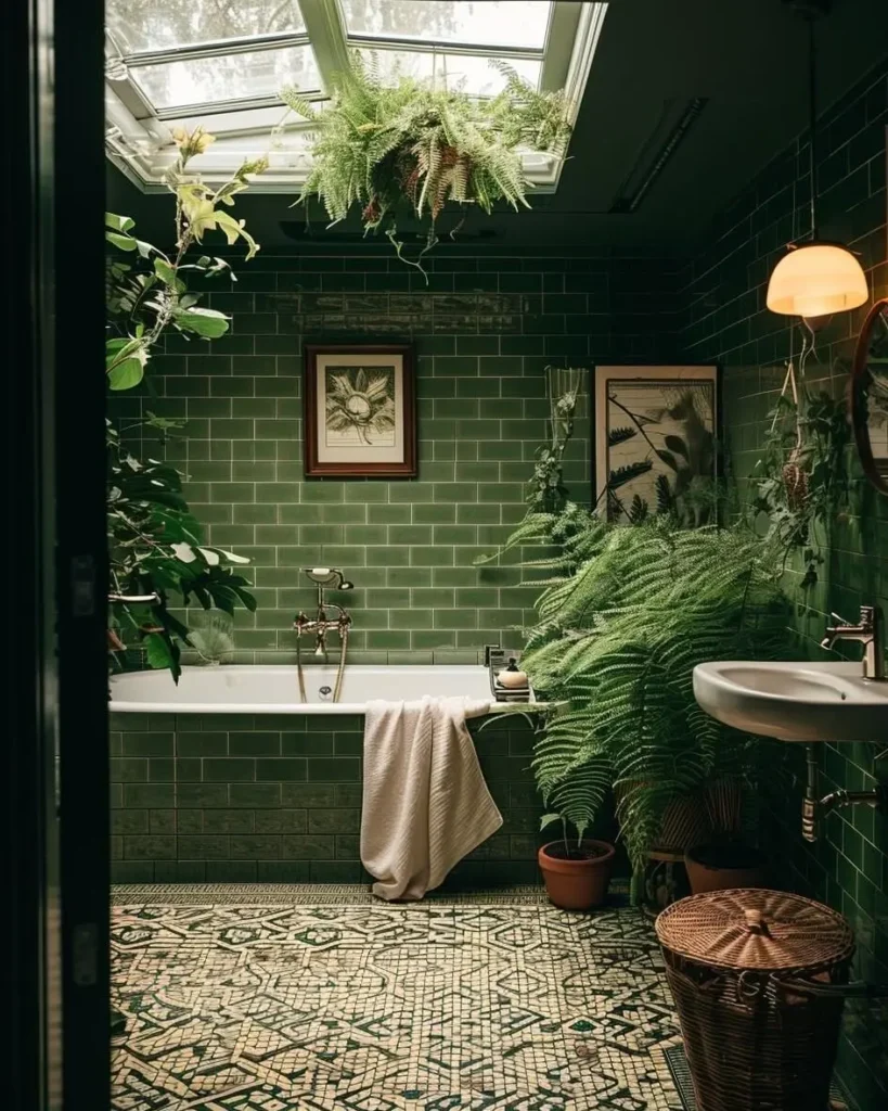 A green-tiled bathroom with a bathtub, potted plants, mosaic floor, framed botanical prints, and a skylight letting in natural light creates a serene, natural retreat.