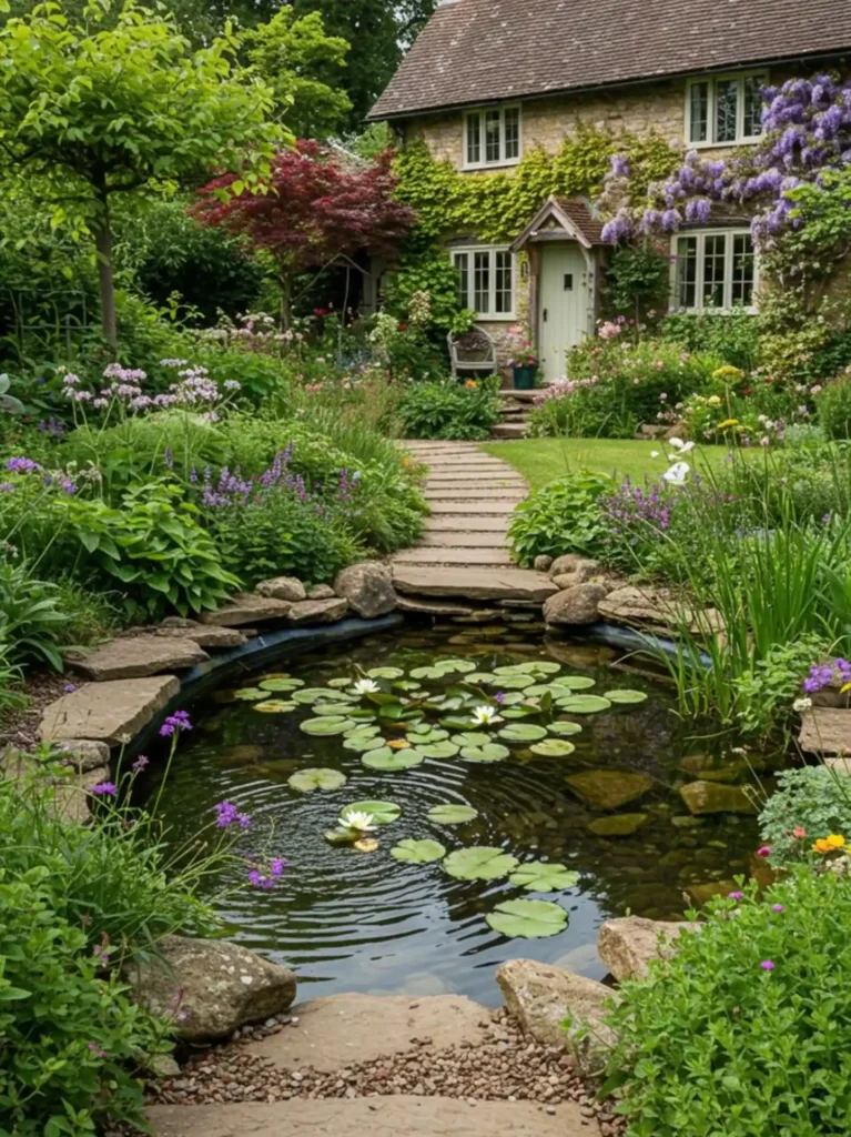 English cottage garden with a natural pond, water lilies, stone walkway, lush flower beds, and an ivy-covered home.