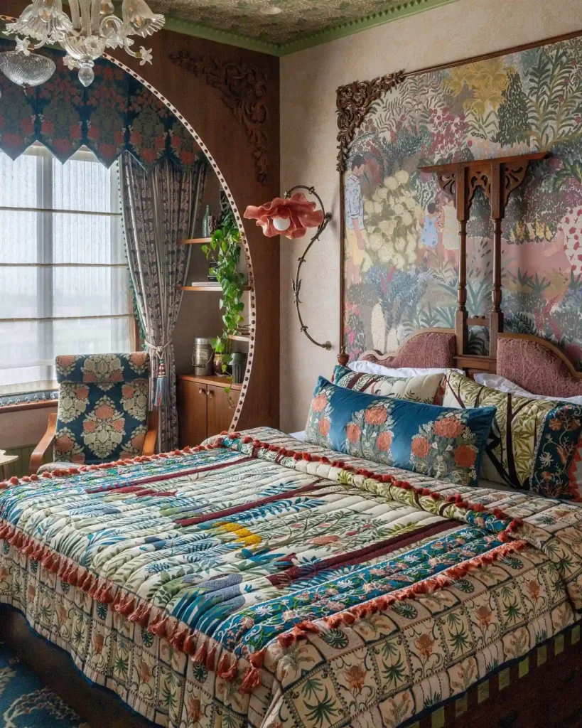 Eclectic bedroom featuring colorful floral textiles, carved wood trim, statement wallpaper, and richly layered bohemian bedding.